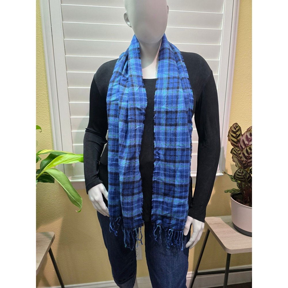 Old Navy Blue Plaid Tartan Fringe Scarf OSFM